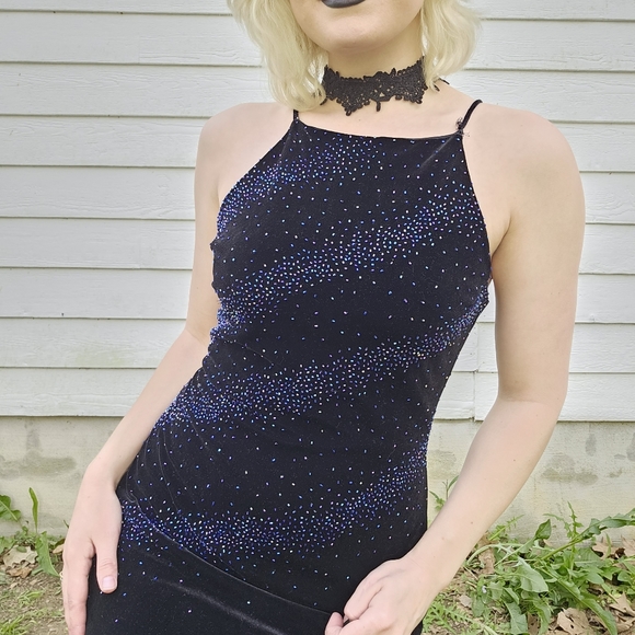 90's Vintage Velvet Beaded Cosmic Galaxy Starry Celestial Maxi Prom Dress - Picture 12 of 12